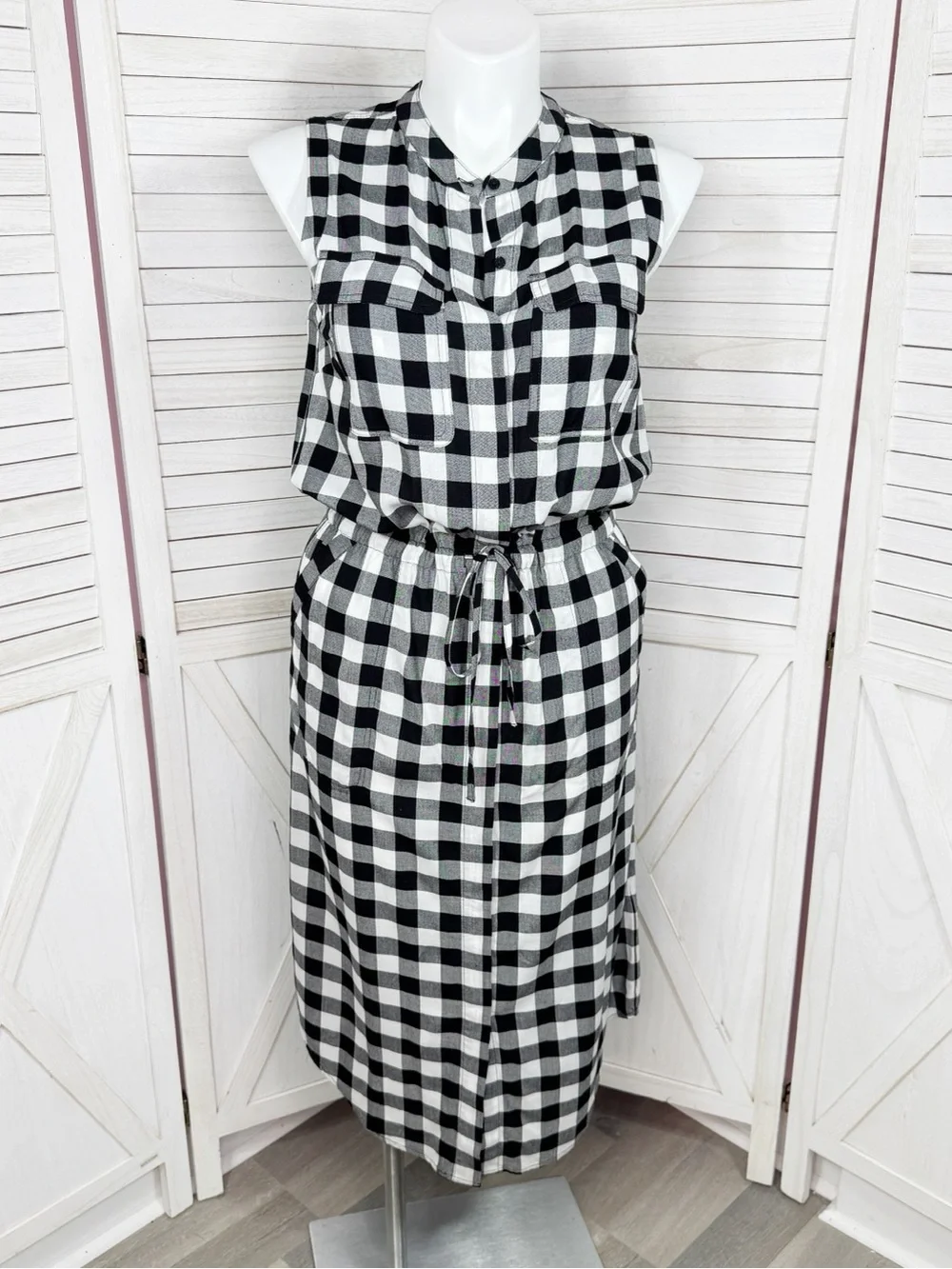 Banana Republic Buffalo Check Sleeveless Cinch Waist Shirt Dress Black White 12